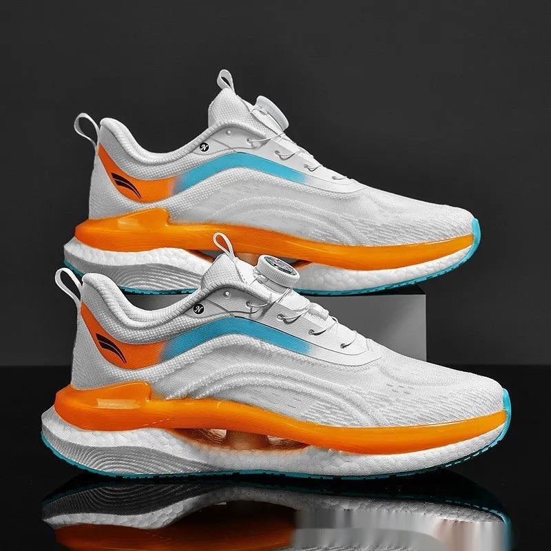 Men's high top breathable mesh running shoes in cotton candy colour with buckle closure and composite sole.
