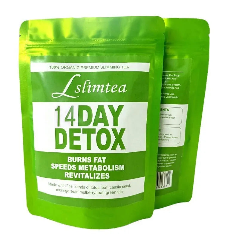 Box of 14-day herbal detox tea showing individual 3g sachets with total 42g net weight