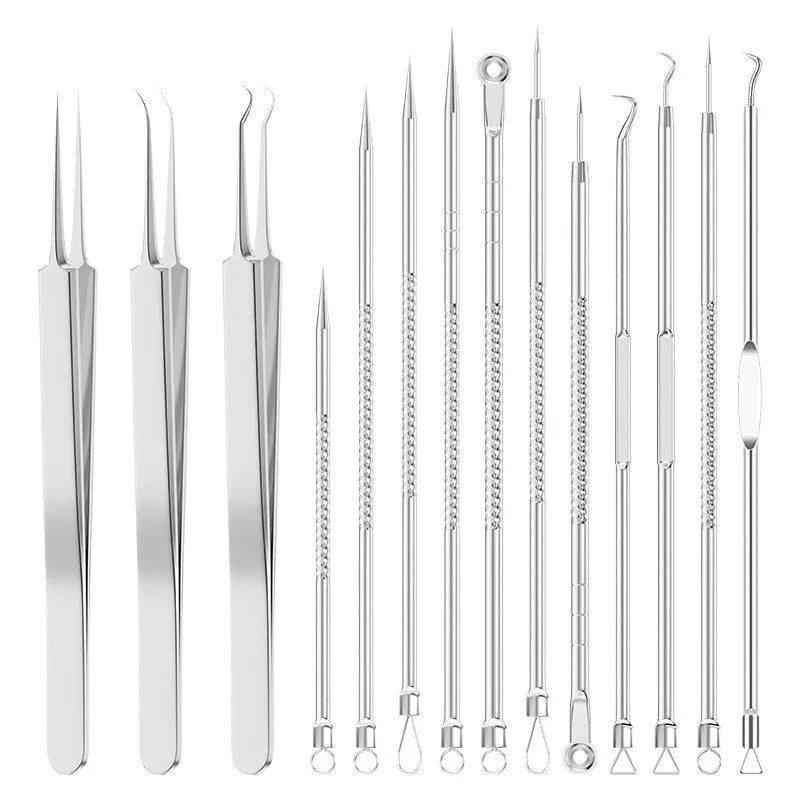 Set of four silver metal acne needles with pointed tips on a white background.