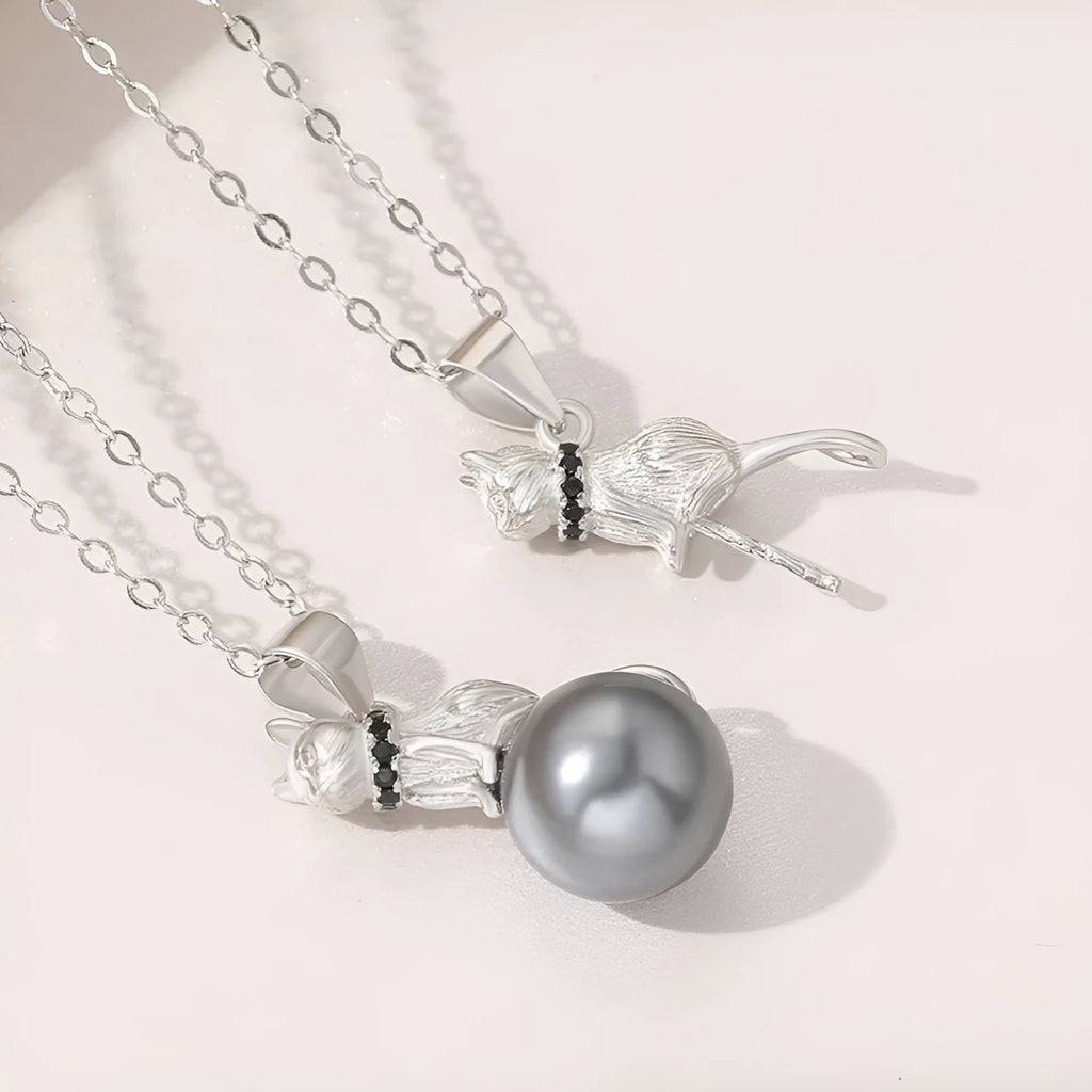 925 sterling silver cat pendant necklace with electroplated finish in clavicle length