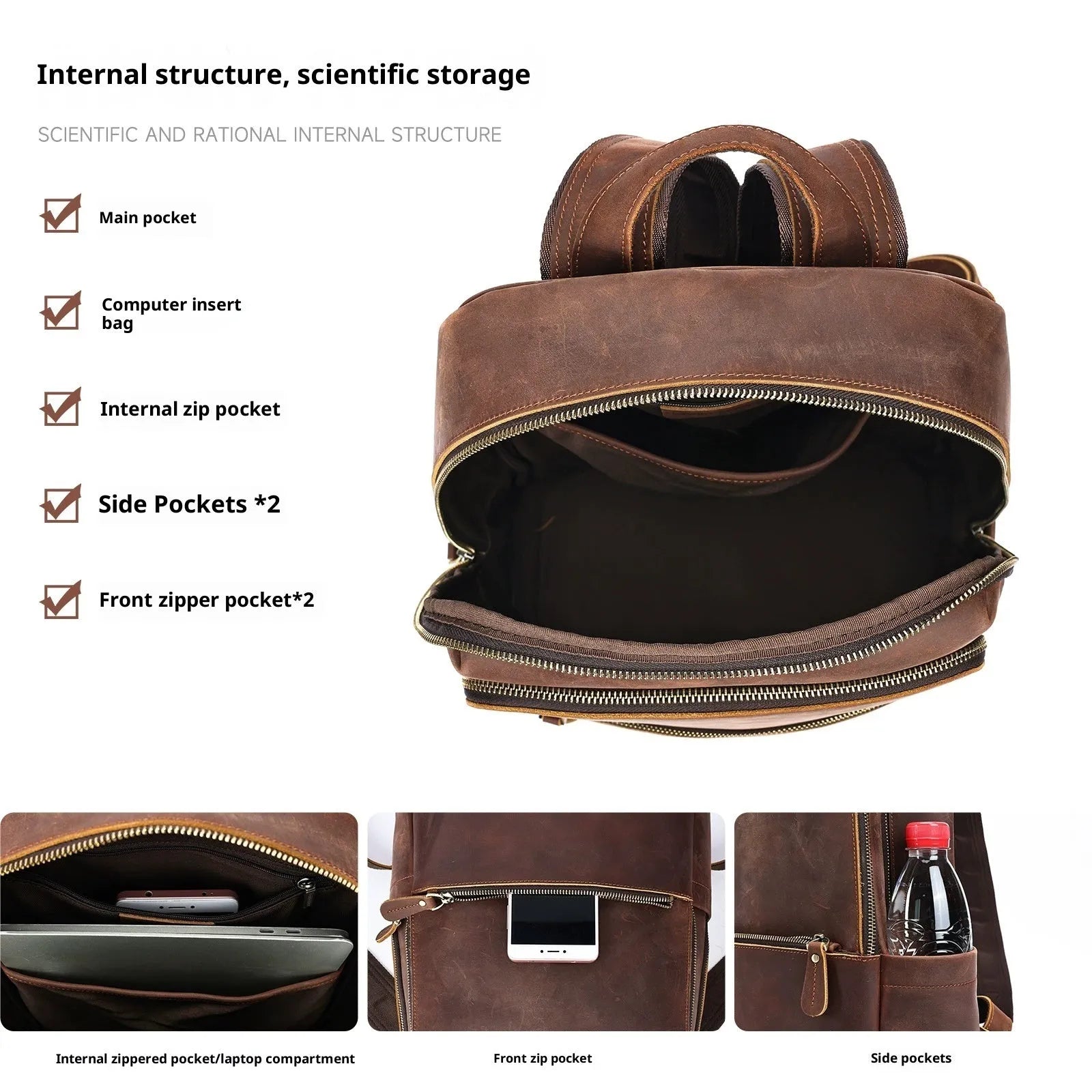 Men's genuine leather backpack in black, first layer cowhide, with a top handle and zipped main compartment