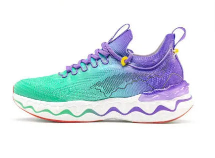 Women's cushioned running shoes with thick rubber soles in a no-lace design on a neutral background.