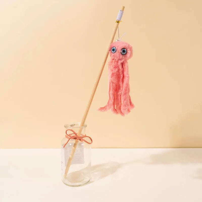 Octopus-themed furry cat toy with eyes on 40cm long stick for indoor kitten play