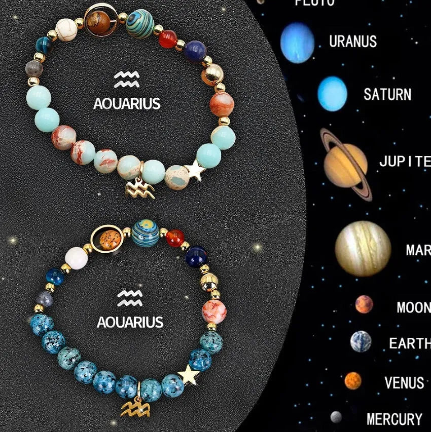 Two natural stone beaded bracelets with adjustable cords, presented as a zodiac sign bracelet set.