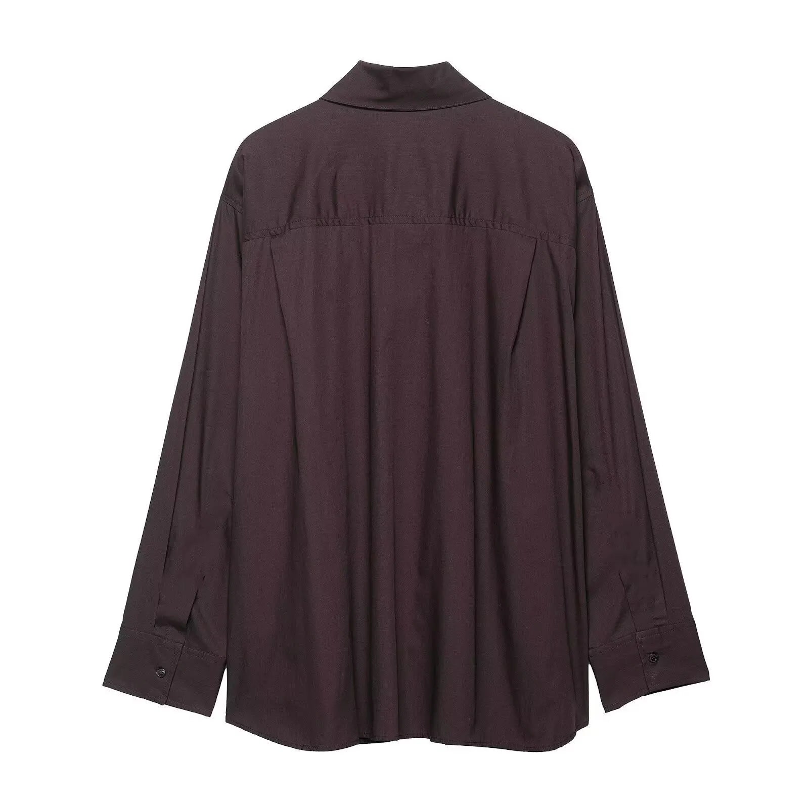 Brown women's loose fit poplin shirt with long sleeves and a scarf bow tie detail.