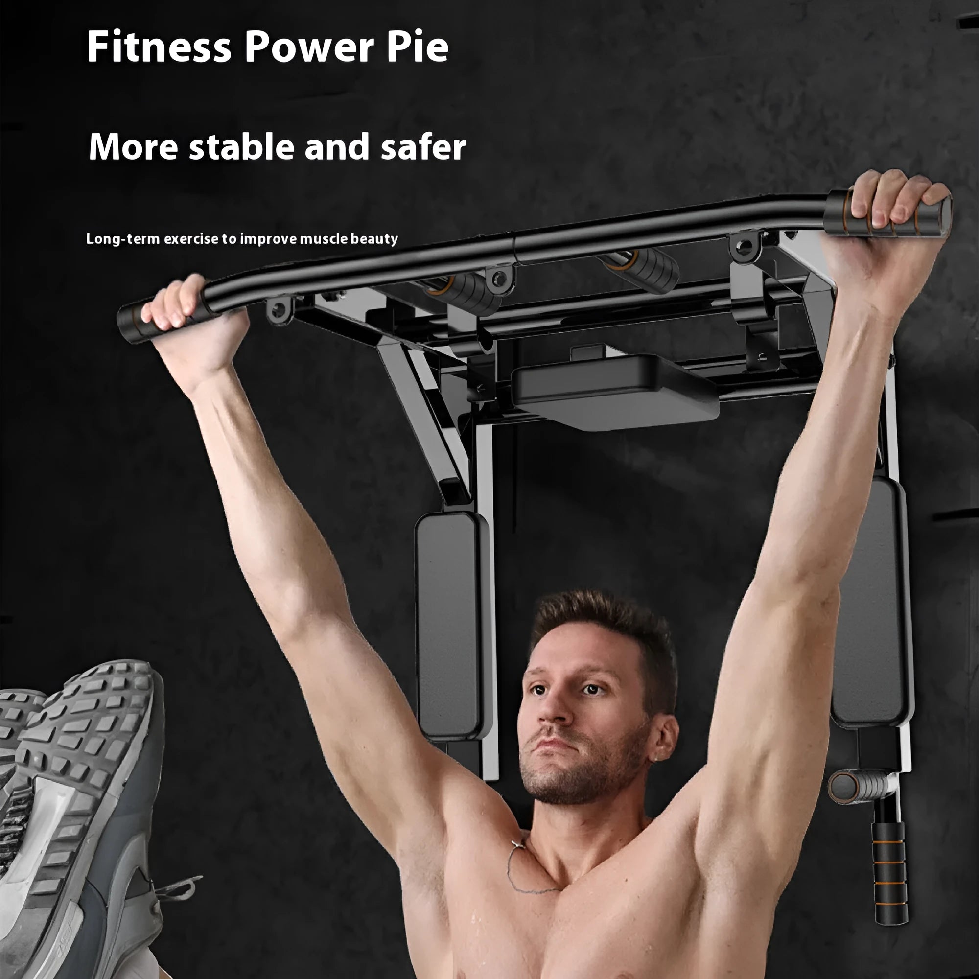 Black wall-mounted steel sandbag rack with integrated parallel pull-up bars for fitness training