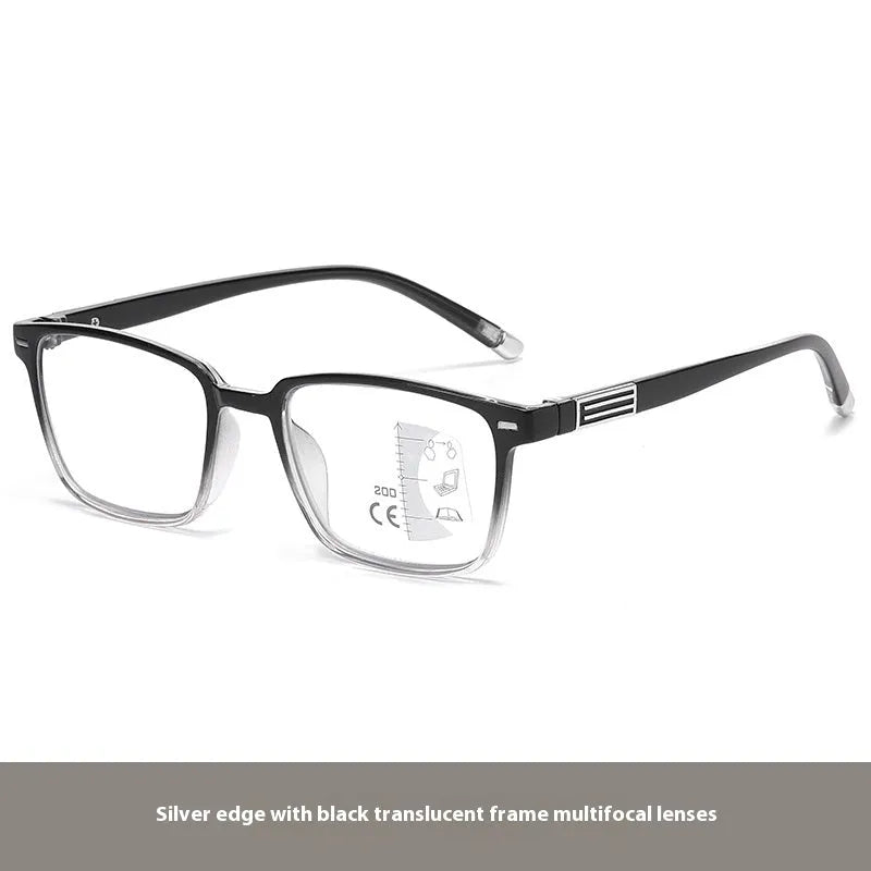 Anti blue light multifocal reading glasses with colour changing lenses in a black and gold frame style.
