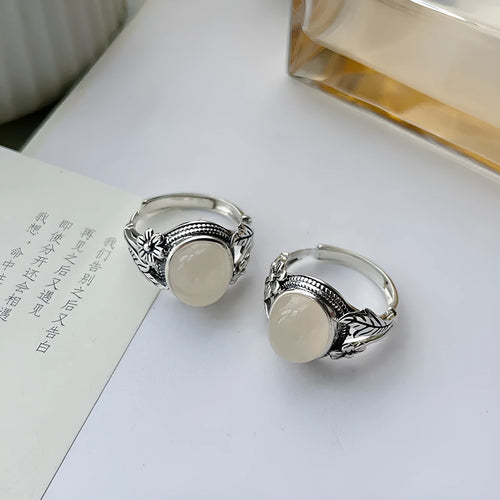 Adjustable copper vintage ring with antique finish and white chalcedony appearance