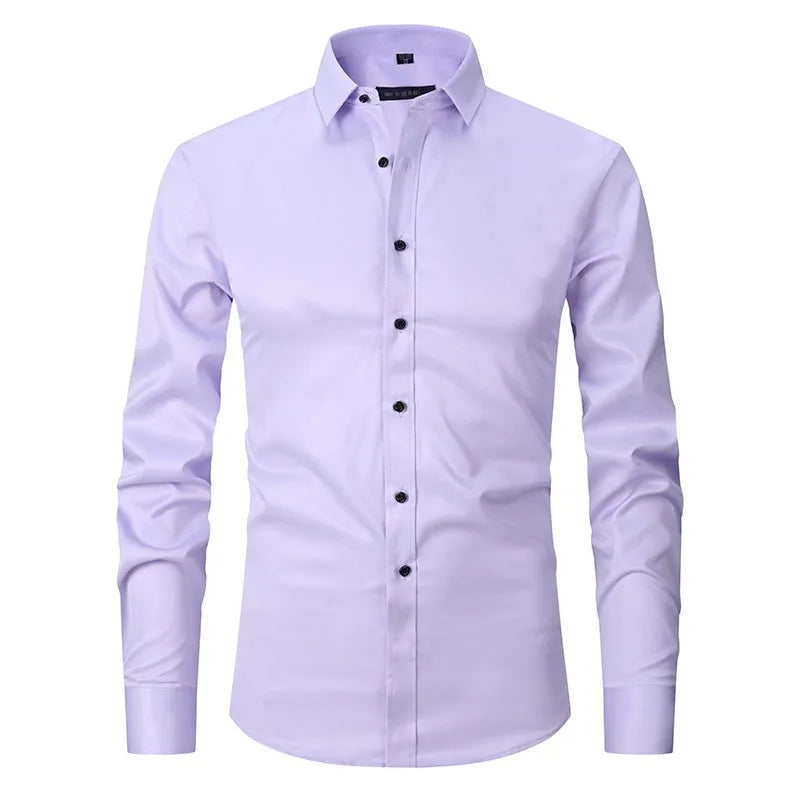 Man wearing a solid colour long sleeve polyester work shirt, showcasing the professional fit and style.