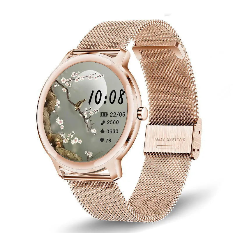 Women's smart watch with touchscreen display showing fitness metrics on silver mesh wristband