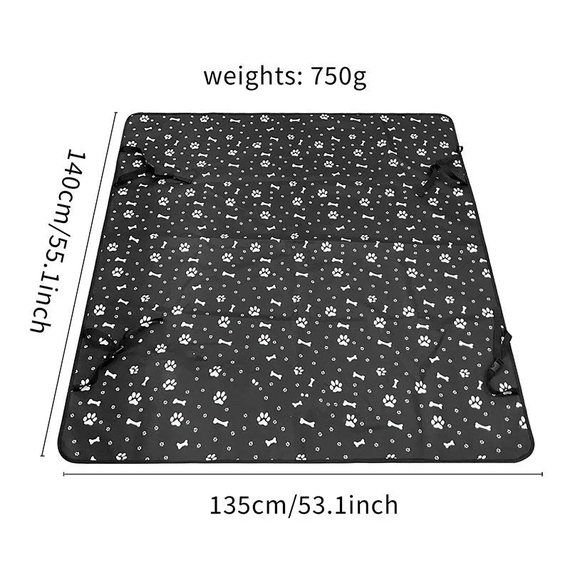 Grey car pet mat with dog bone print design covering a car rear seat
