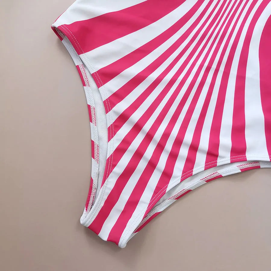 Pink striped one-piece swimsuit for women with digital print front and back.