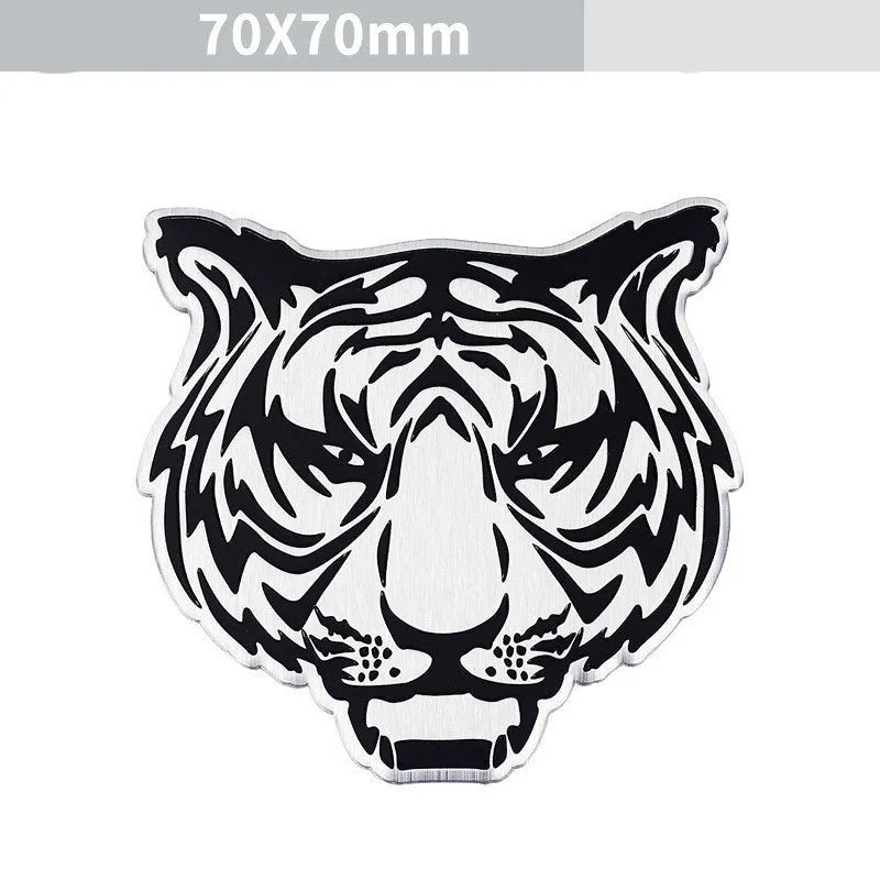Aluminium metal car badge stickers featuring embossed lion, eagle, wolf head, and tiger designs.