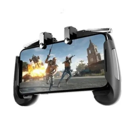 Collapsible mobile gaming controller handle for smartphones in black, blue, and white colours.