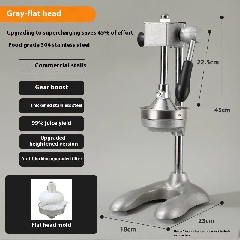Vertical stainless steel manual juicer with three tip options: pointed head, flat head, and double head.