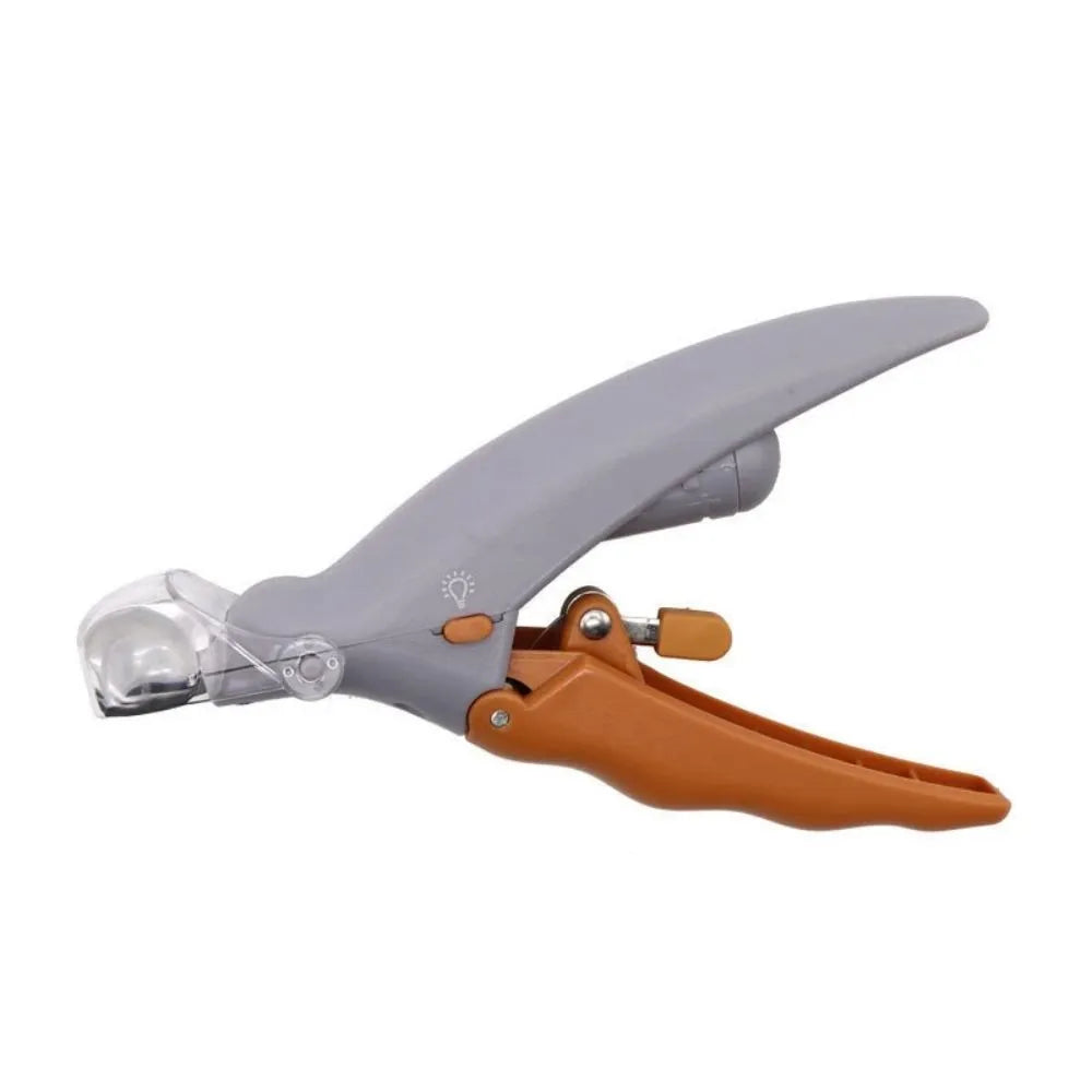 Yellow pet nail clipper for dogs and cats with built-in LED light and magnifying glass.
