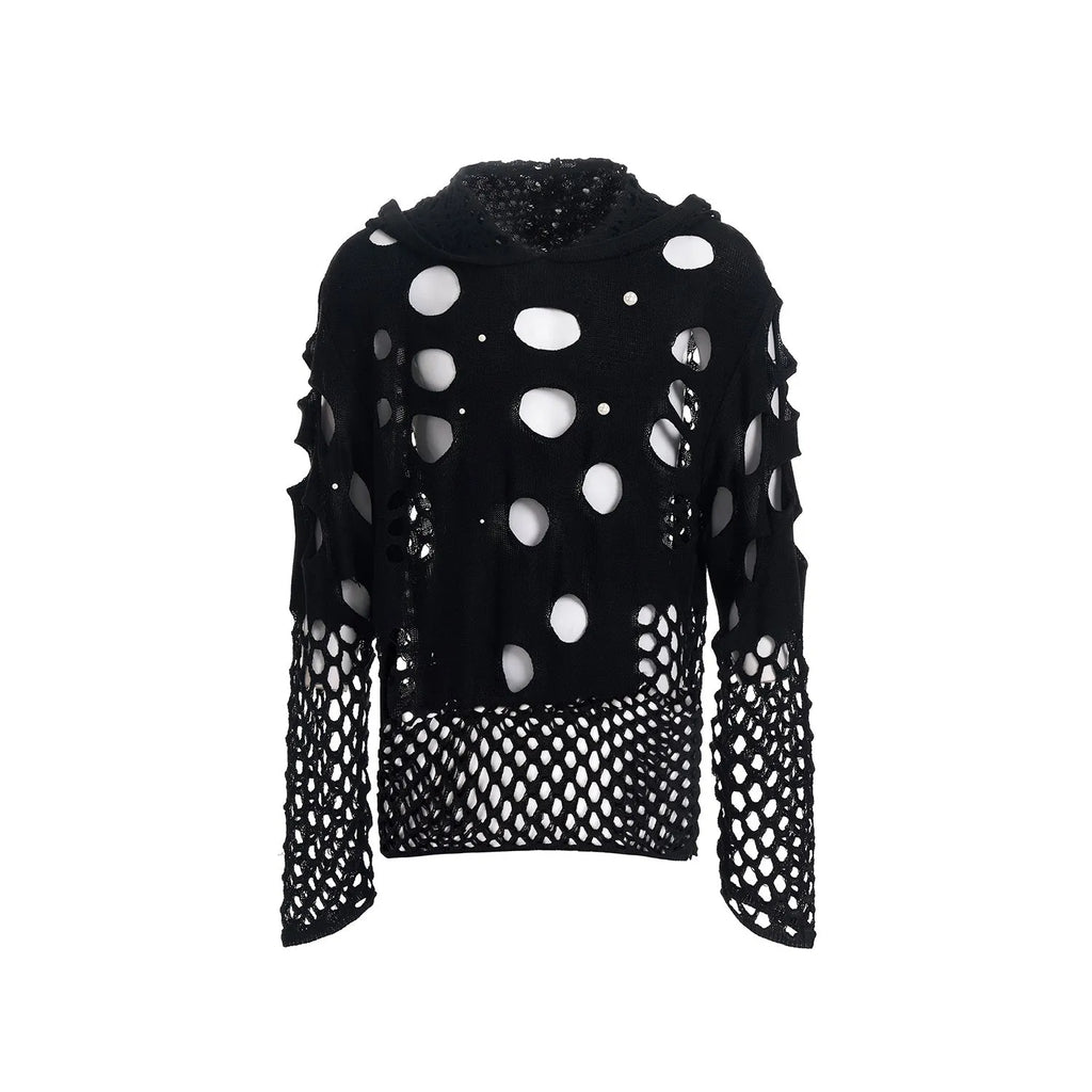 Men's black loose hoodie with pearl decorations on the hood, thin material.