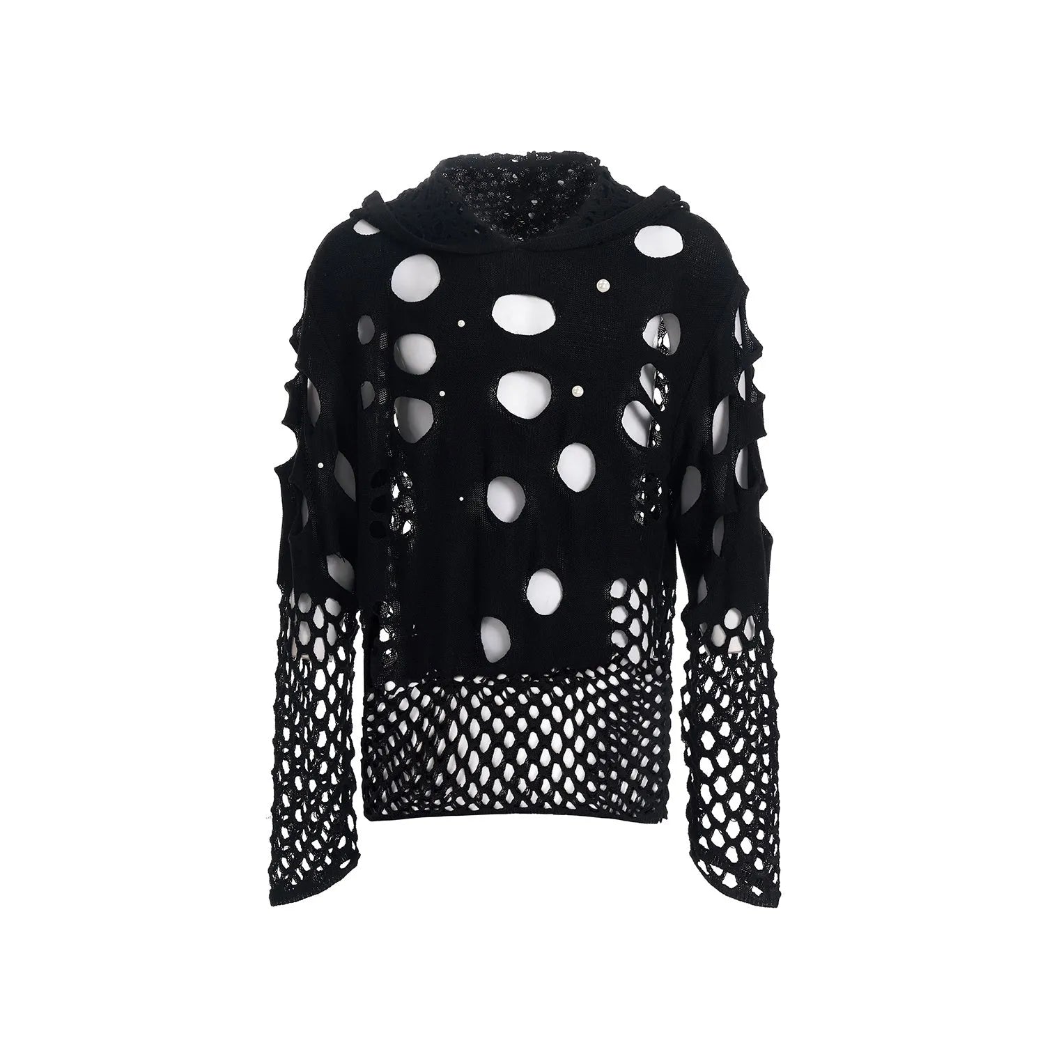 Men's black loose hoodie with pearl decorations on the hood, thin material.