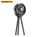 HOMEFISH F2 automatic shake head handheld fan with LED light and removable bracket on a table.
