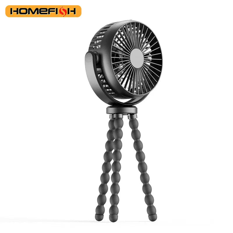 HOMEFISH F2 automatic shake head handheld fan with LED light and removable bracket on a table.
