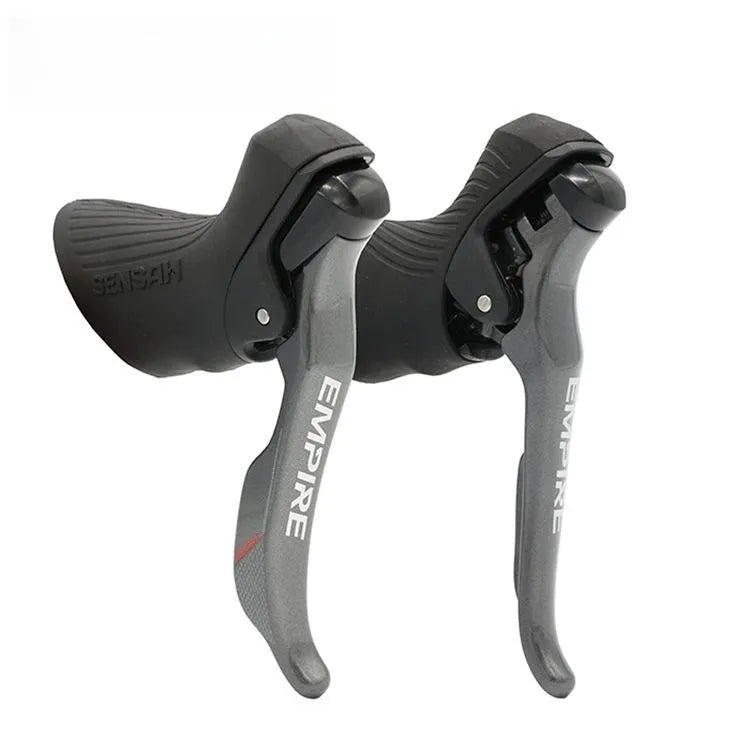Road bike transmission kit showing aluminium alloy manual shifter, front derailleur and short-leg rear derailleur components