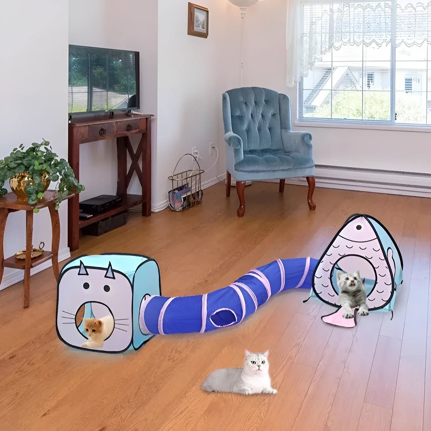 Foldable pet tent connected to tunnels in cat and fish colours for small cats