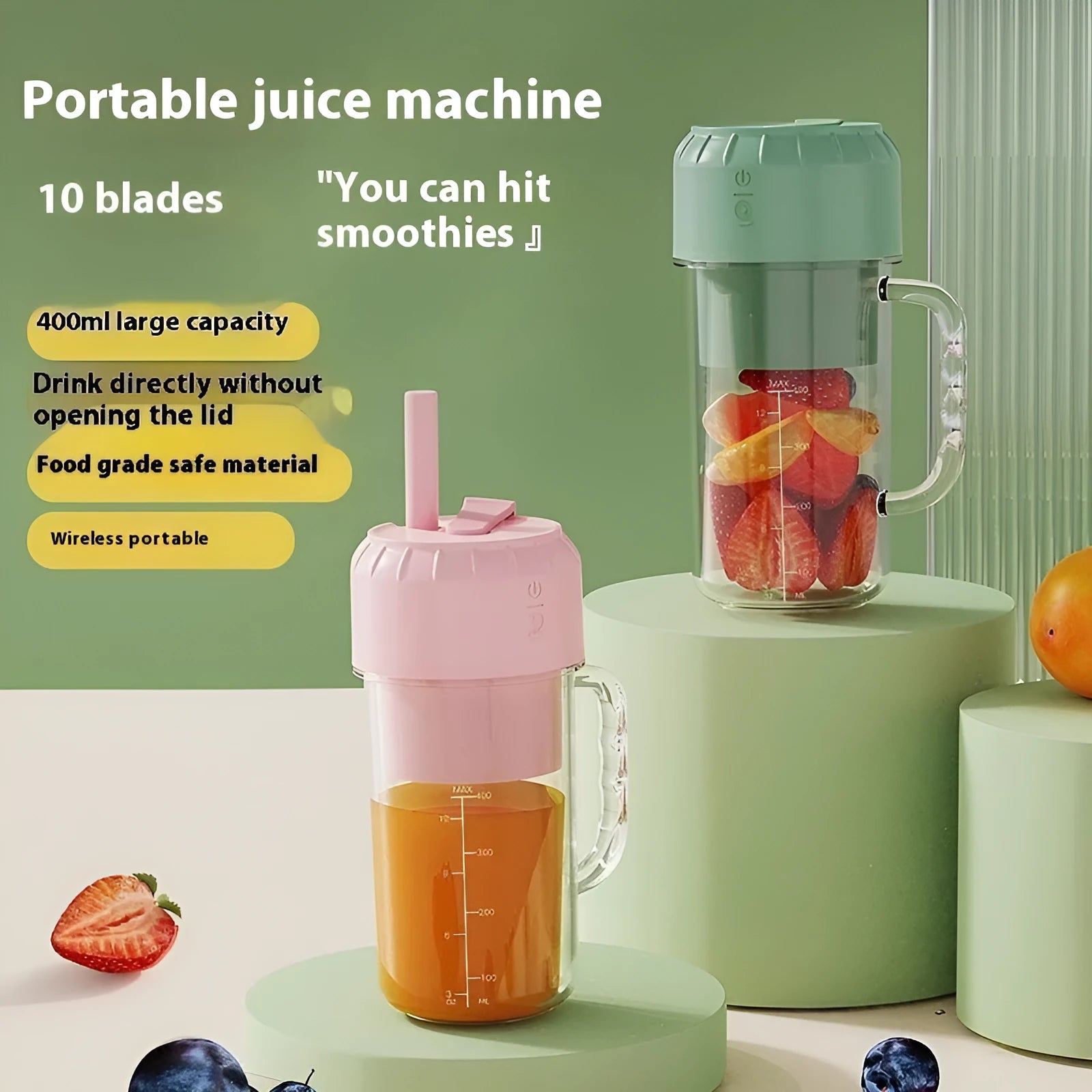 Portable USB-powered juicer in avocado green or cherry blossom pink with 150W motor and multiple blade options.