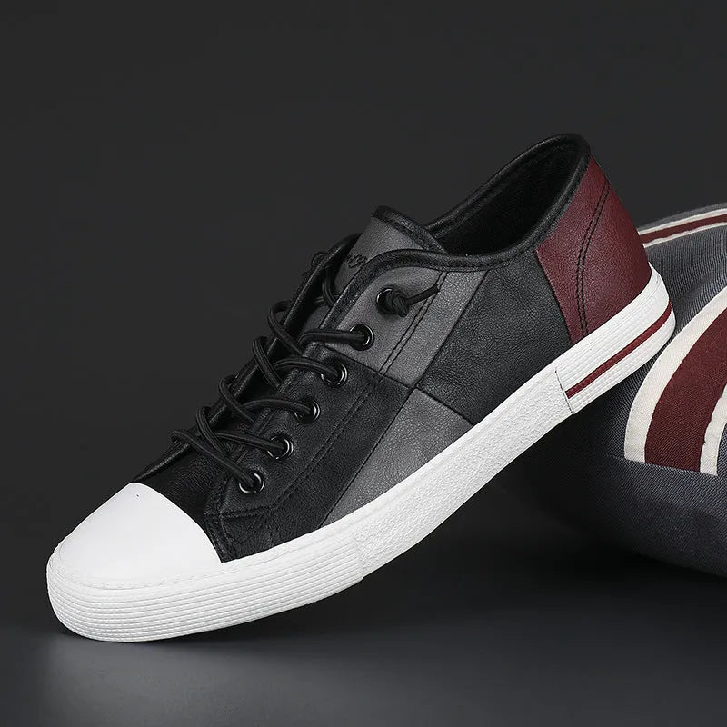 Men's colour matching leather shoes with round toe, elastic band, and flat rubber sole