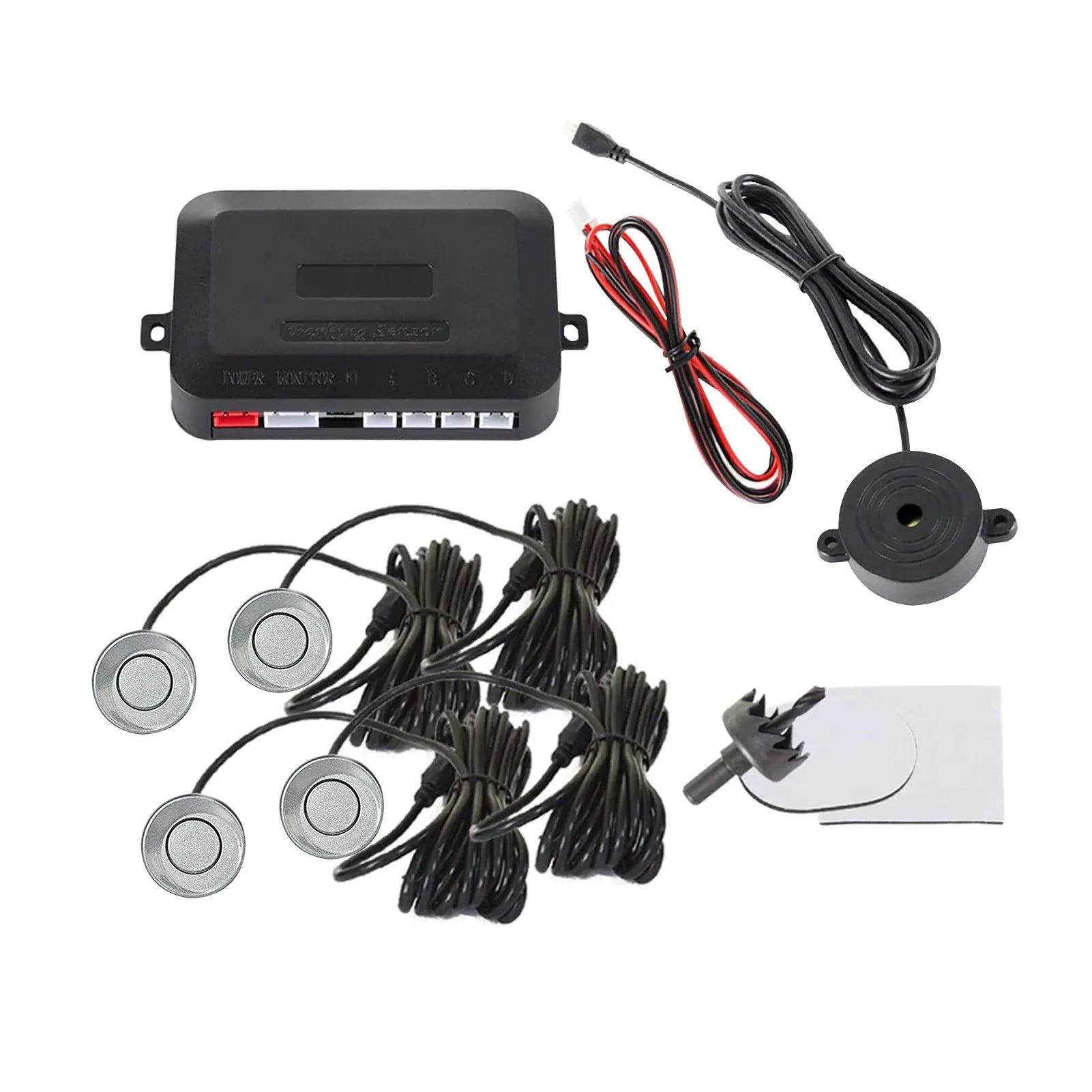 Four ultrasonic parking sensors and control module for vehicle reversing radar system with buzzer alerts