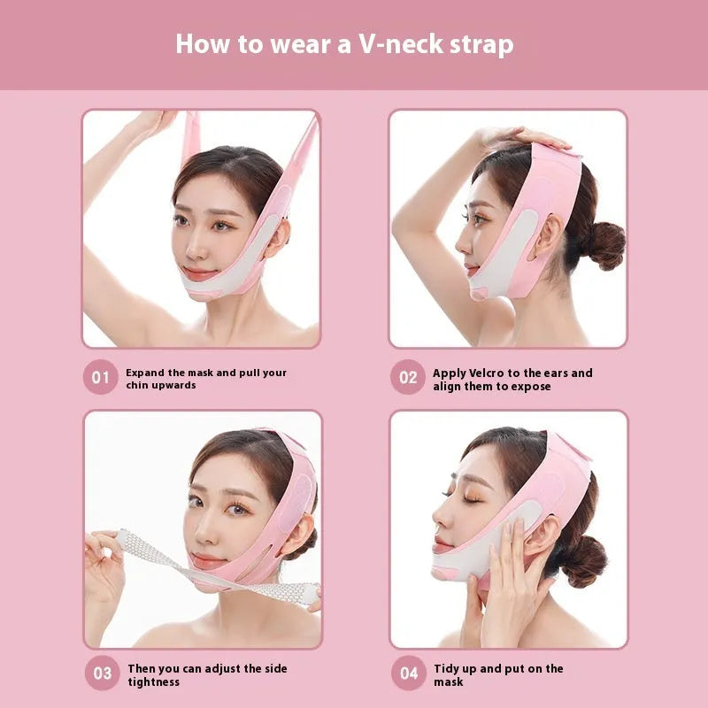 Far infrared elastic V face bandage facial care tool in pink and black colours with adjustable head strap