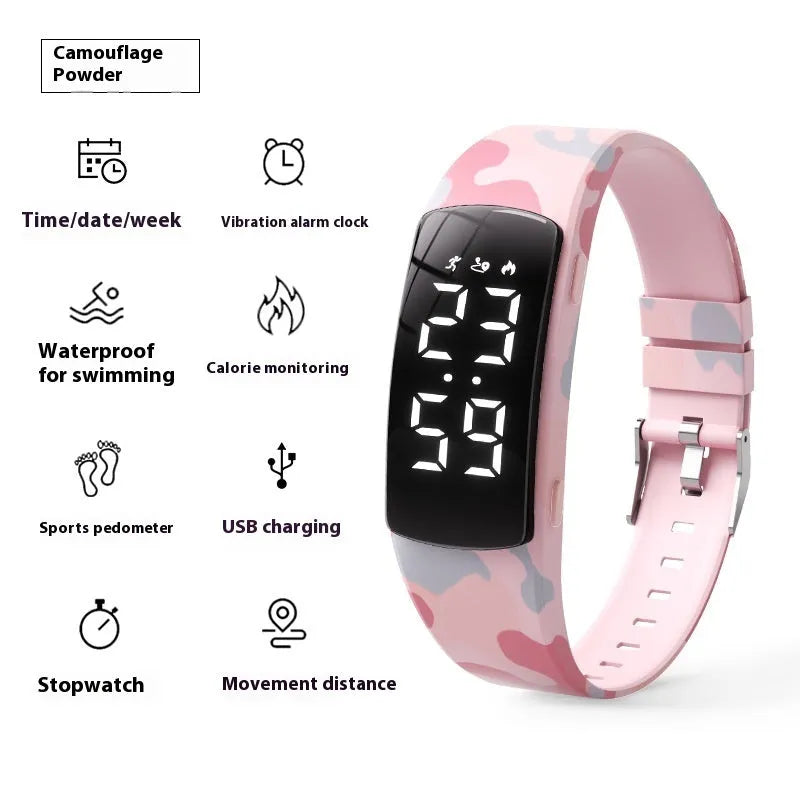 Vibration alarm waterproof electronic watch with coloured silicone strap and LED display.