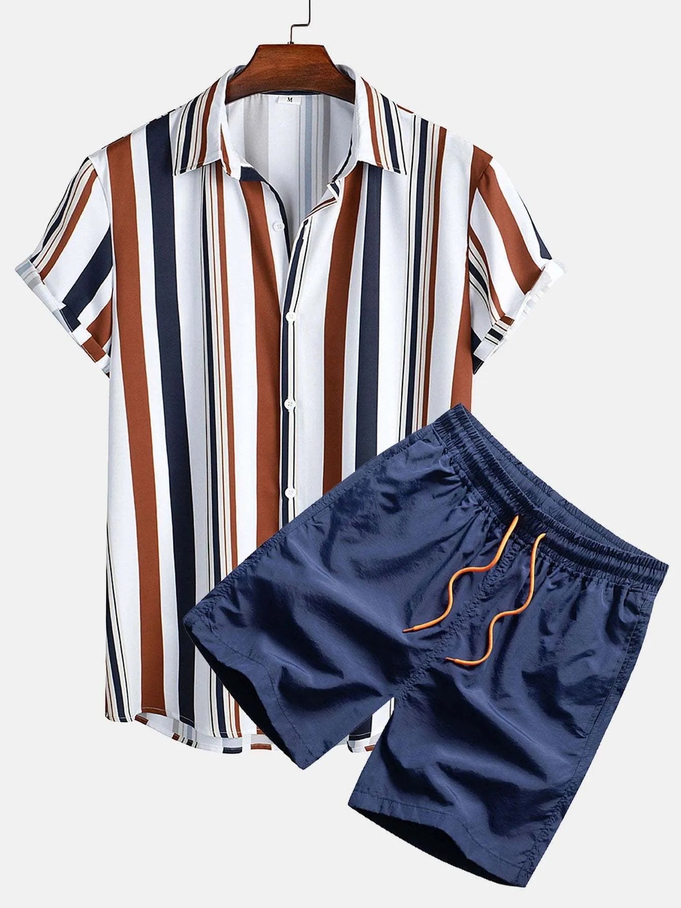 Men's casual short sleeve cardigan suit with digital printing and matching shorts