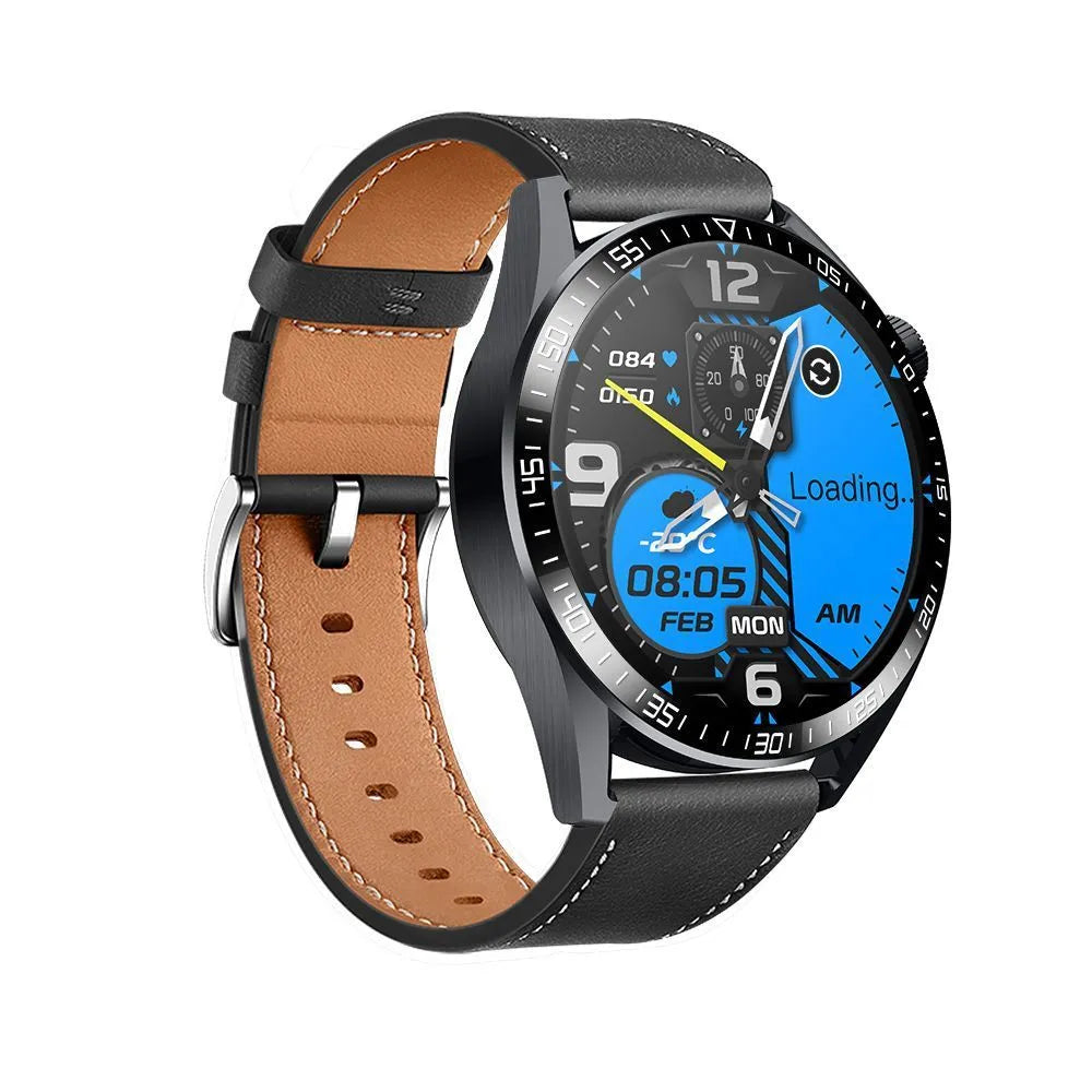 GS3 Max black smartwatch with IPS screen on a silicone strap, showing health stats interface.