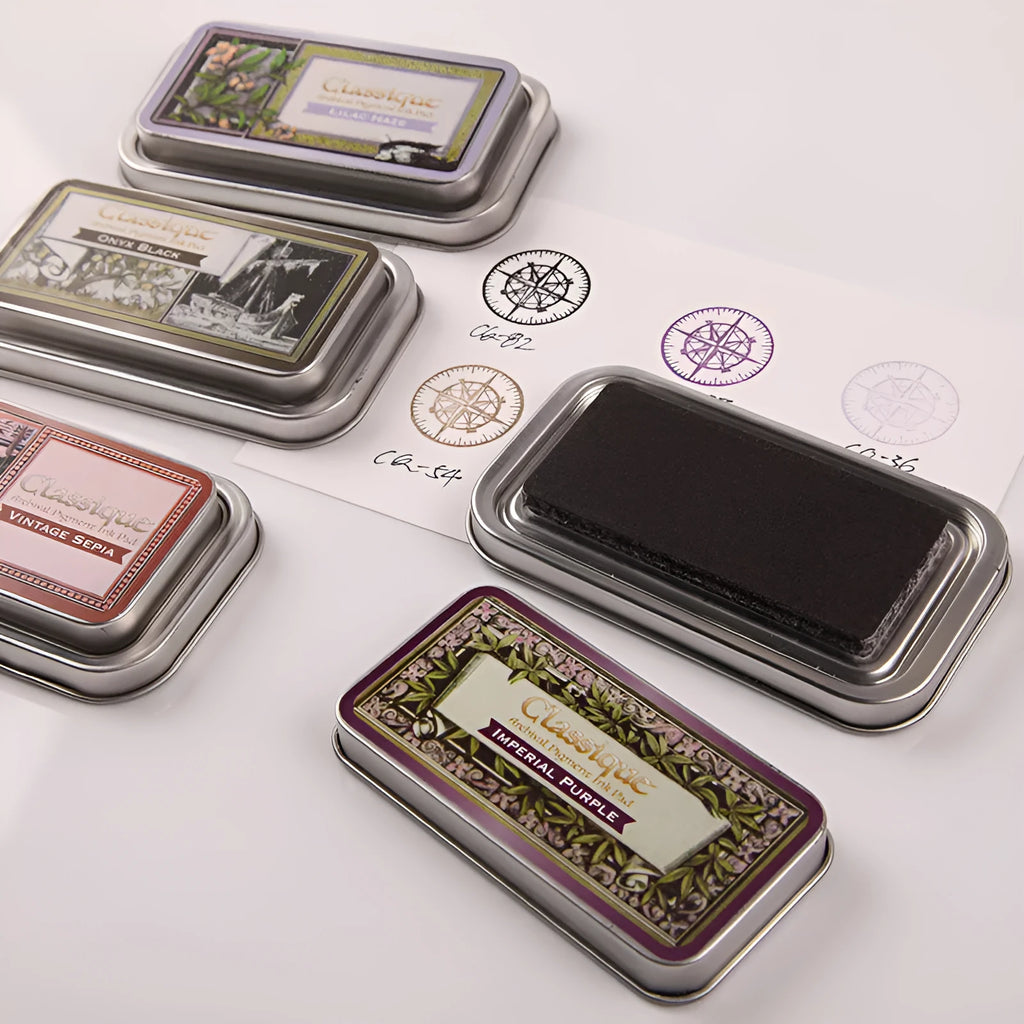 Rectangular quick-dry oily ink pad for rubber stamps in five colour options.