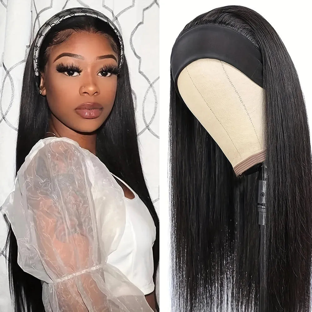 Headband wig with synthetic hair in straight or curly styles and wine red colour option