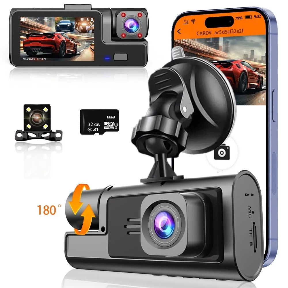 Wifi car driving recorder with 2.0 inch screen showing reversing camera display on dashboard