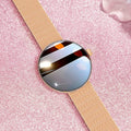Women's circular smart watch with colour touch screen and metal strap in three colour options