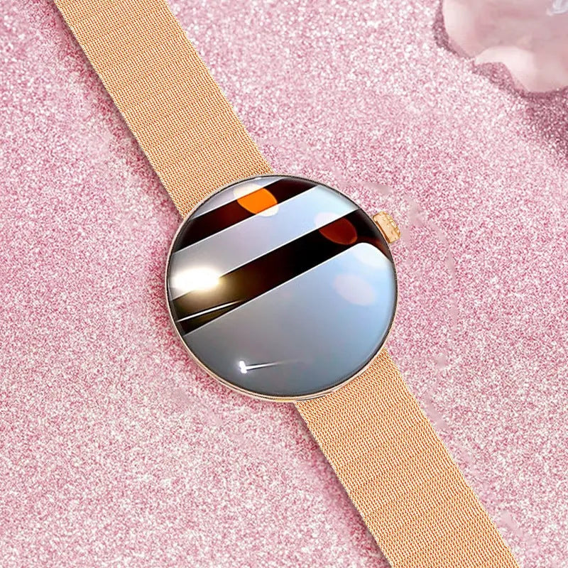 Women's circular smart watch with colour touch screen and metal strap in three colour options