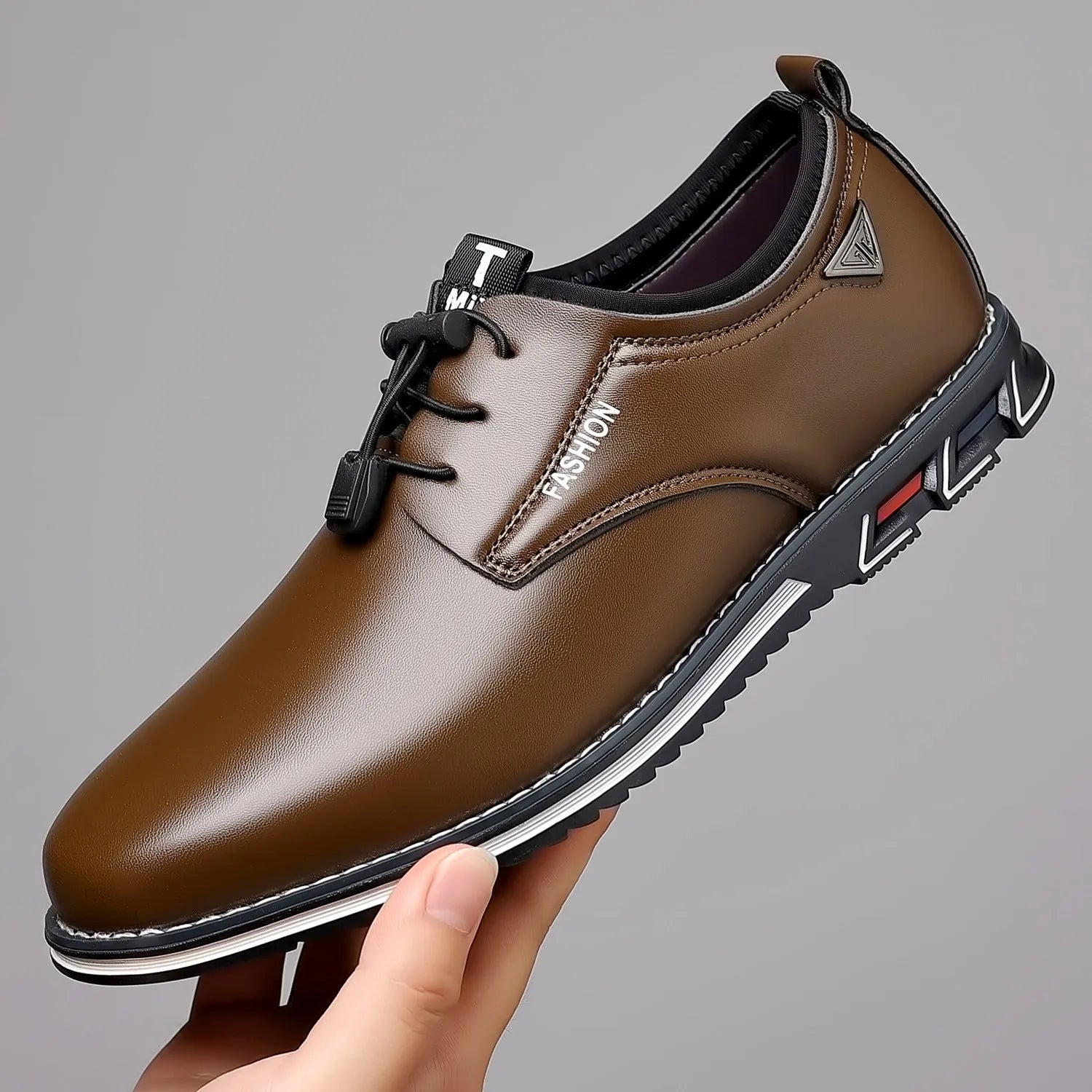 Men's plus size casual leather shoes – round toe wedge heel PU leather with stitching, elastic band closure, black colour