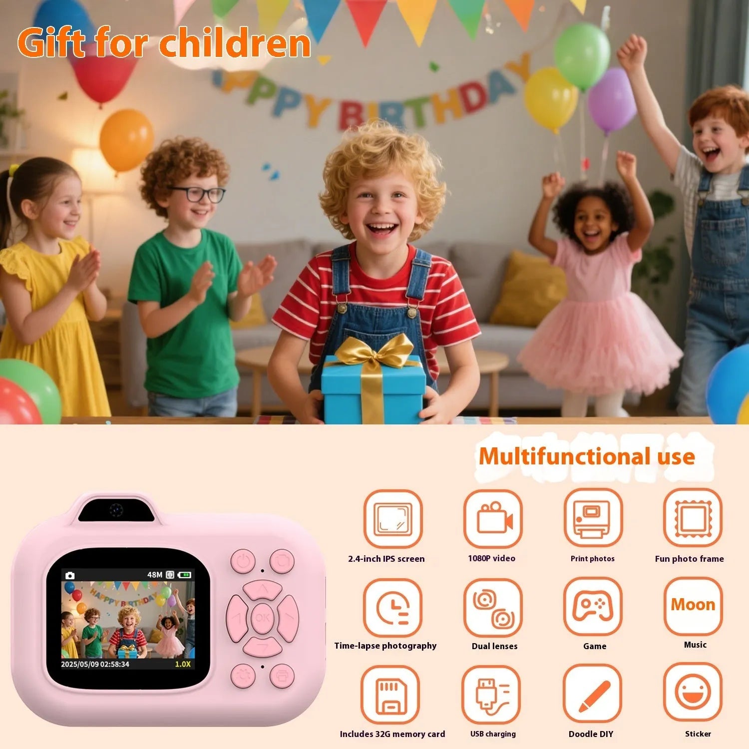 Children's multi-function camera toy in pink, blue, or purple plastic colours with video recording and gaming capabilities.