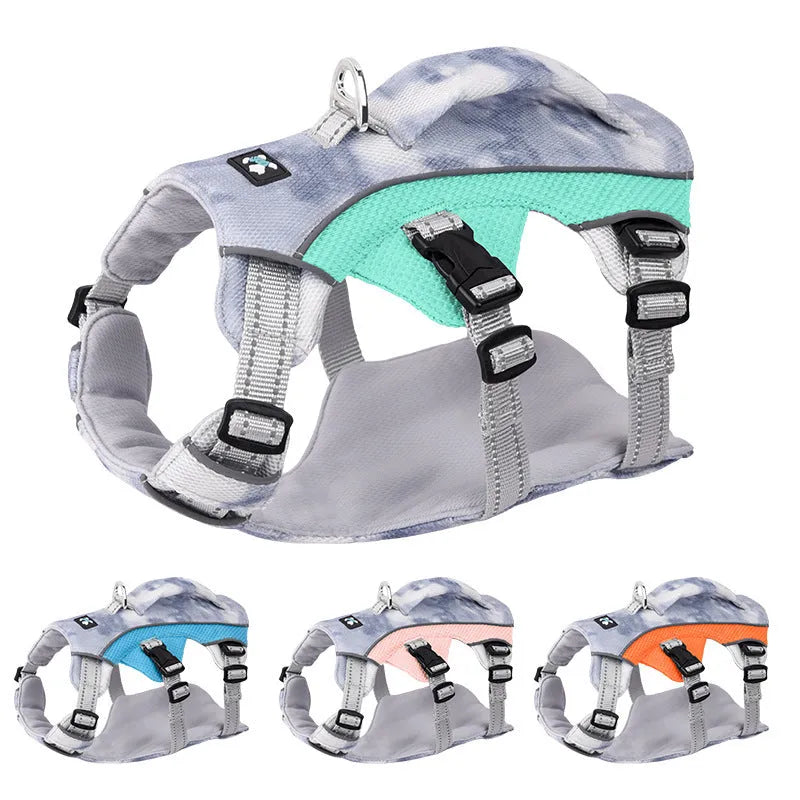 Reflective dog cooling chest strap in light blue colour with adjustable polyester straps