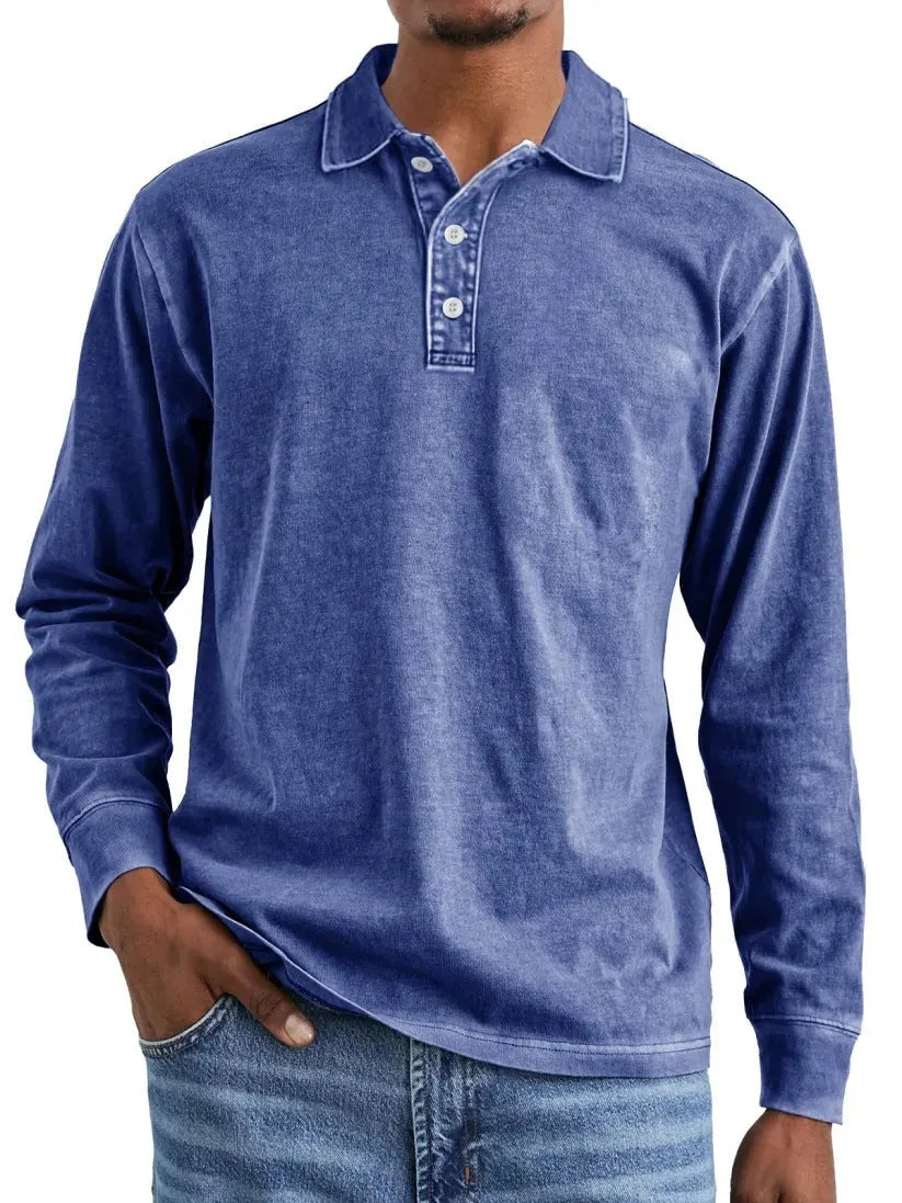 Men's retro washed distressed cotton lapel long sleeve polo shirt shown in army green.