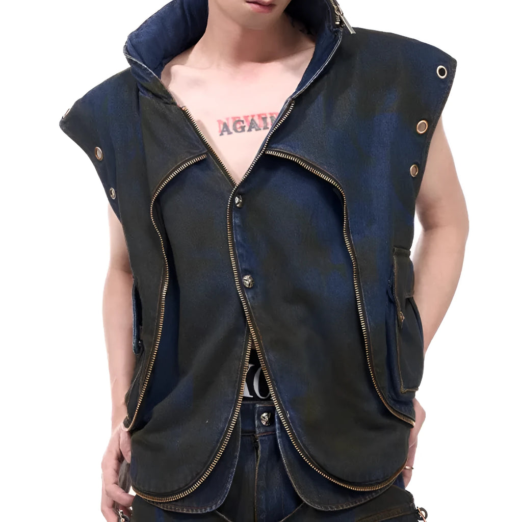 Blue hooded denim-style vest and matching trousers set with front zipper in Korean heavy industry deconstructs style.