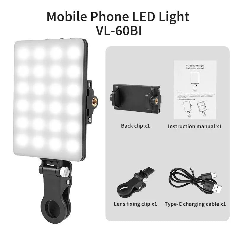 LED pocket fill light clip for mobile phone photography measuring 10.4 x 7.5 x 12.5cm