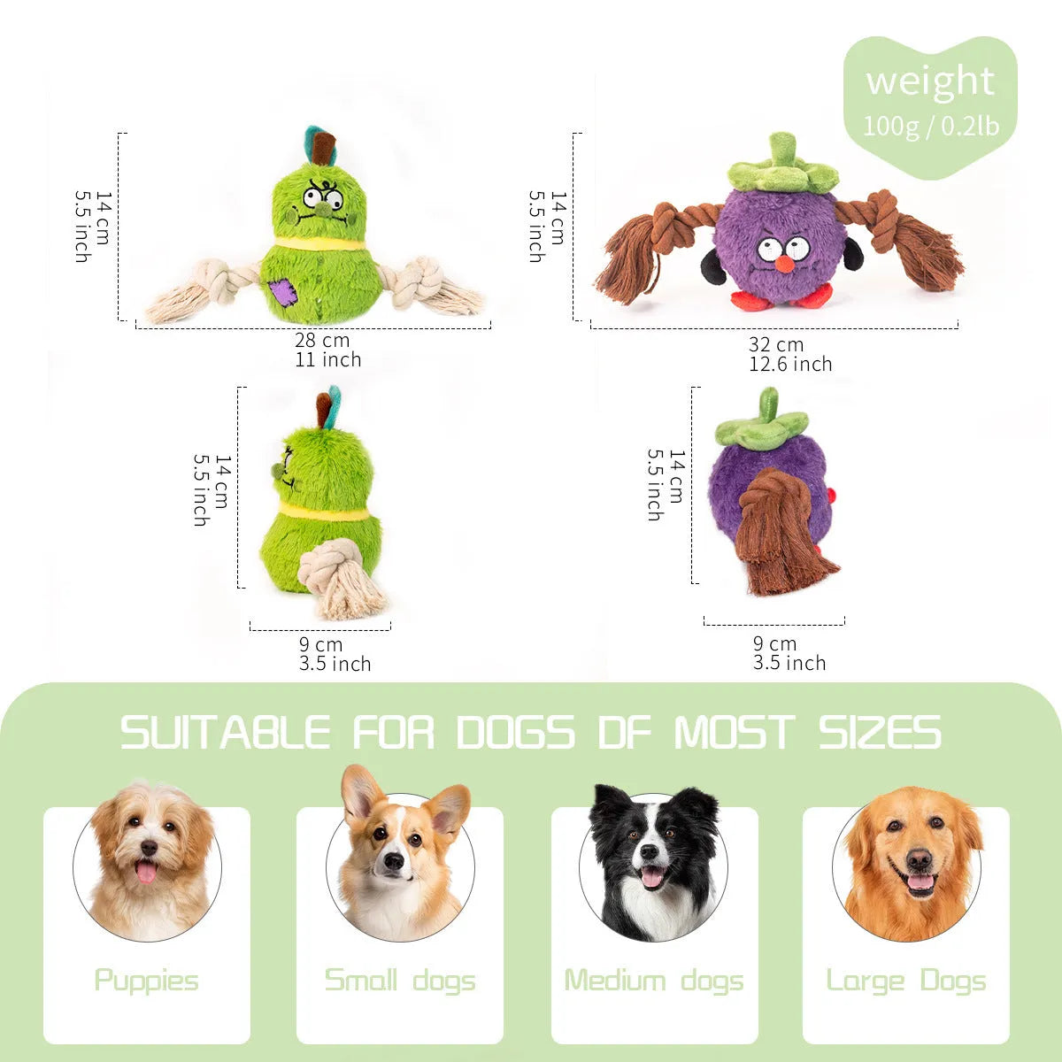 Green plush rope knot dog toy with molar tooth shape for tug-of-war games