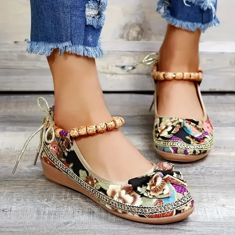 Women's black plus size national style platform sandals with cloth upper and elastic band