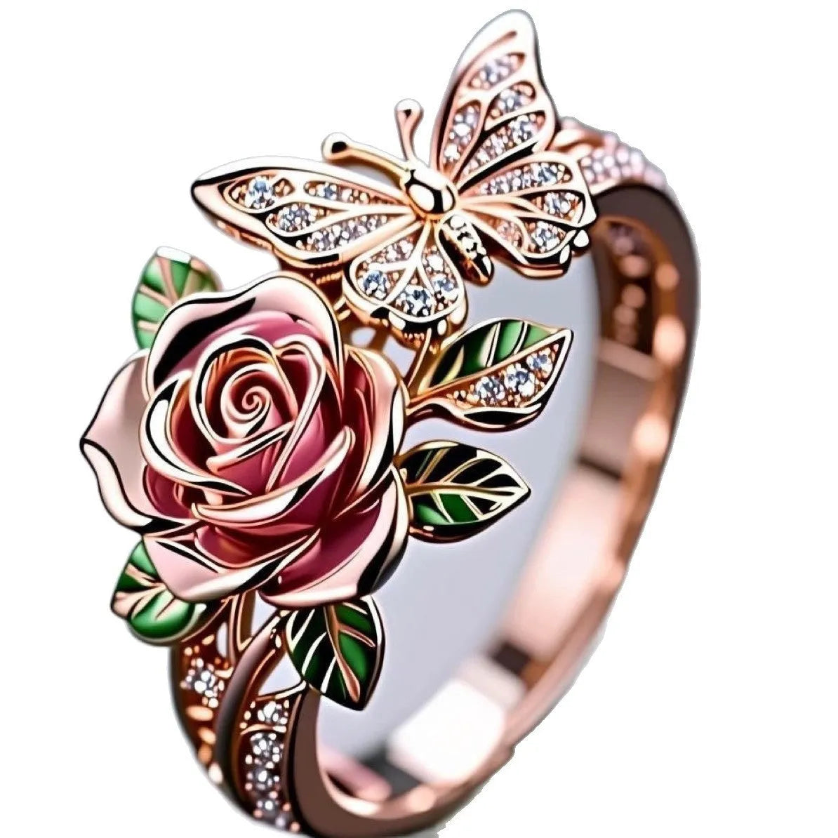 Adjustable butterfly personality ring with colourful oil drip finish showing rose and leaf design elements