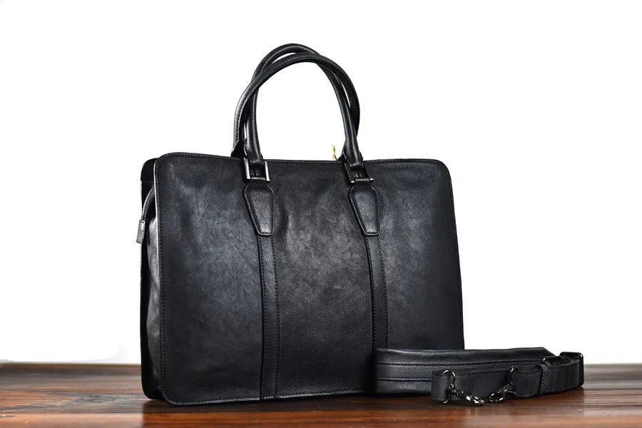 Men's brown leather business handbag with horizontal square design and zipper closure