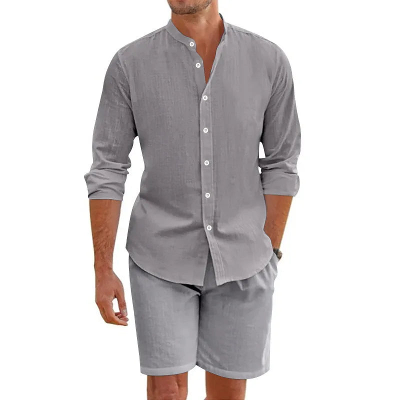 Men's linen-blend casual suit with short-sleeve button shirt and drawstring shorts.
