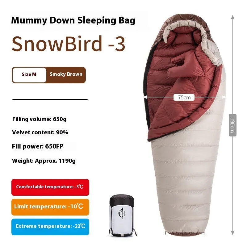 Goose down mummy-style sleeping bag in a storage bag, showing size and fill weight options.